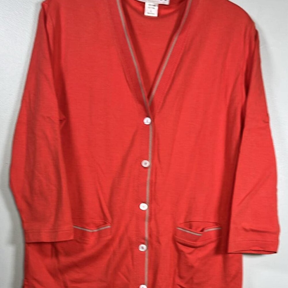 Bordado Button Up Cardigan Sweater Coral/ Salmon SZ LG Officewear Country Club